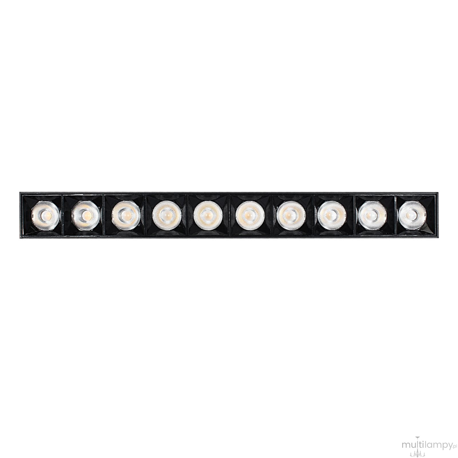 Czarna lampa sufitowa LED o mocy 30W i barwie światła 4000K, złożona z dziesięciu okrągłych diod LED. Ujęcie frontalne, produkt leżący na białym tle, ukazujący równą, prostokątną konstrukcję.