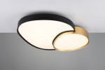 Plafon Rise w kolorze czarnym i złotym, z pilotem, z dwoma okrągłymi kloszami LED. Wyposażony w nowoczesny design z delikatnymi krawędziami. Zamontowany na suficie, emitujący ciepłe światło.