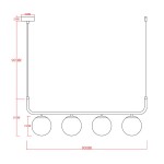 Lampa wisząca Alisa, grafitowa, z czterema dymionymi kulistymi kloszami. Utrzymana w nowoczesnym stylu, zawieszona na prostym, metalowym stelażu. Wymiary: wysokość 960 mm, długość 800 mm, szerokość 90 mm.