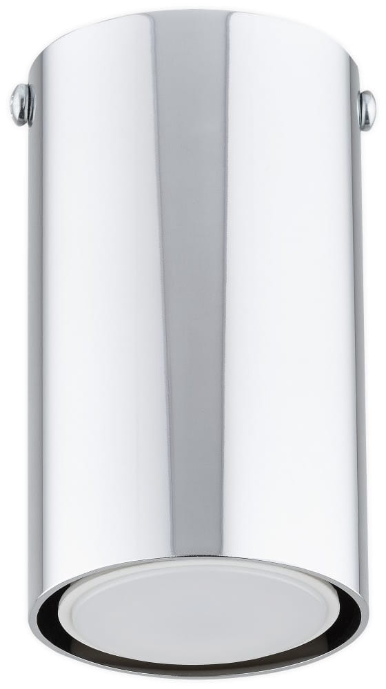 Lampa sufitowa Frigga w formie chromowanej tuby, z pojedynczym gniazdem GU10. Wysoka, cylindryczna konstrukcja z matowym kloszem na dole. Ujęcie frontalne, produkt montowany na suficie.