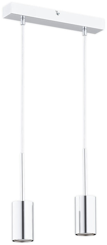 Lampa wisząca Frigga 2xGU10 w kolorze chromu. Składa się z dwóch cylindrycznych kloszy zawieszonych na cienkich linkach, przymocowanych do prostokątnej podstawy w białym kolorze. Idealna do nowoczesnych wnętrz.