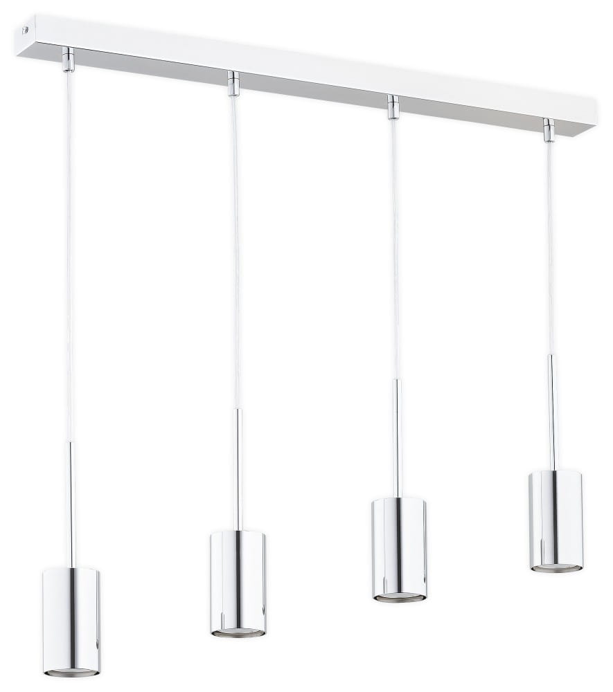 Lampa wisząca Frigga z czterema oprawami na żarówki GU10, wykonana z chromowanego metalu. Posiada prostokątną białą podstawę z czterema długimi zwisami, które kończą się cylindrycznymi lampionami. Ujęcie frontalne.