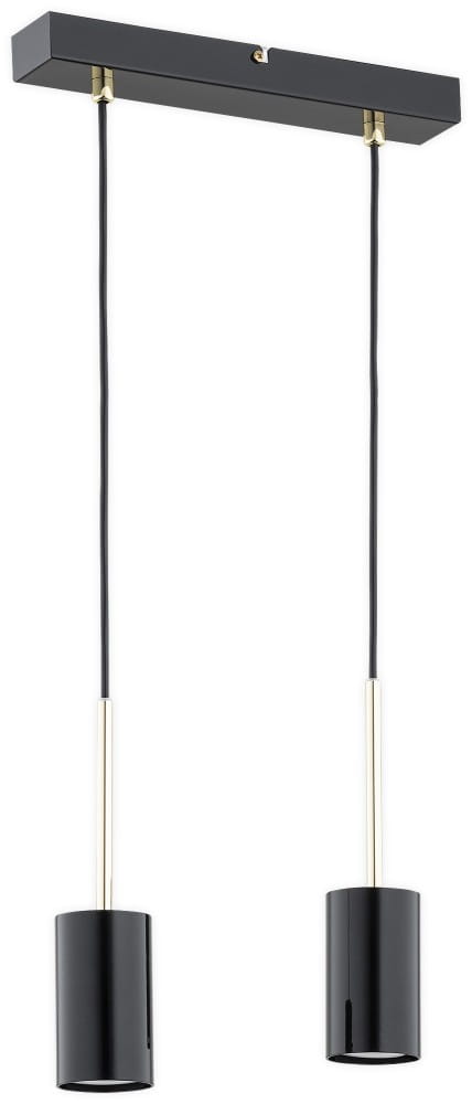 Lampa wisząca Frigga w kolorze czarnym i złotym, z dwoma oprawami na żarówki GU10. Utrzymana w nowoczesnym stylu, z prostokątnym metalowym mocowaniem i długimi zwisami. Idealna do eleganckich wnętrz.