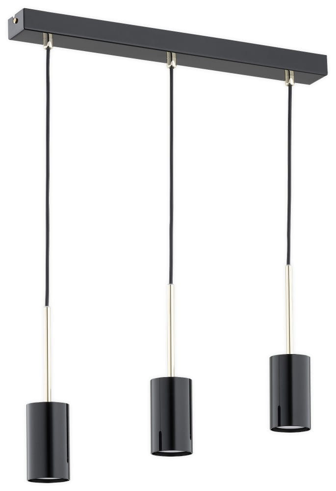 Lampa wisząca Frigga z trzema oprawami GU10. Czarna konstrukcja z elementami złotymi, zawieszona na cienkich przewodach. Prosty, nowoczesny design, idealna do różnych aranżacji wnętrz.