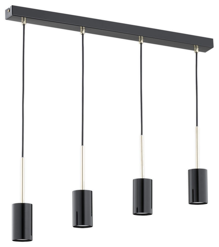 Lampa wisząca Frigga z czterema oprawami na żarówki GU10, w kolorze czarnym z metalowymi złotymi detalami. Ułożona poziomo na prostokątnej podstawie, z długimi przewodami. Idealna do nowoczesnych wnętrz.