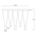 Czarna lampa wisząca Toledo z pięcioma oprawami GU10. Wymiary: długość 1000 mm, wysokość 1200 mm, średnica kloszy 55 mm, wysokość kloszy 90 mm. Prosta konstrukcja z metalowym stelażem, idealna do nowoczesnych wnętrz.