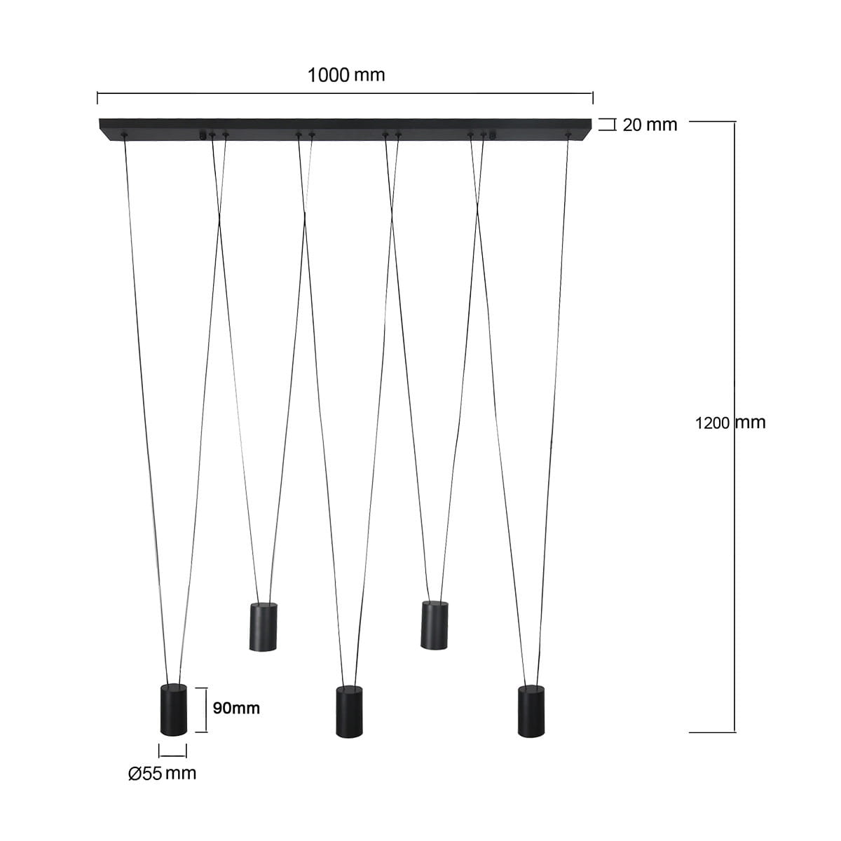 Lampa wisząca Toledo, czarna, z pięcioma oprawami GU10. Prosta konstrukcja z metalowym stelażem i wiszącymi cylindrycznymi kloszami. Wymiary: długość 1000 mm, wysokość 1200 mm, średnica kloszy 55 mm, wysokość 90 mm.