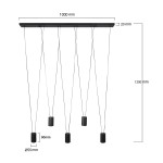 Lampa wisząca Toledo, czarna, z pięcioma oprawami GU10. Prosta konstrukcja z metalowym stelażem i wiszącymi cylindrycznymi kloszami. Wymiary: długość 1000 mm, wysokość 1200 mm, średnica kloszy 55 mm, wysokość 90 mm.
