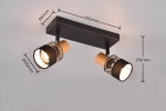 Lampa sufitowa Nandini w kolorze czarnym, z dwoma reflektorami E14. Każdy reflektor ma drewniane wykończenie i czarną siatkę. Wymiary: szerokość 250 mm, wysokość 170 mm, średnica reflektora 70 mm, głębokość 85 mm. Zamontowana na płaskiej podstawie.