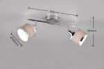 Lampa sufitowa Arosa z dwoma spotami E14 w chromowanej obudowie. Klosze o średnicy 100 mm z beżowym materiałem. Wymiary: szerokość 365 mm, wysokość 190 mm. Ujęcie z góry, produkt zamontowany na suficie.