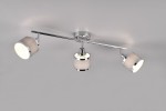 Lampa sufitowa Arosa z trzema reflektorami E14, chromowana, z okrągłymi kloszami z jasnego materiału. Ułożona poziomo, z regulowanymi głowicami, na jednolitym tle. Szczegóły metalowe i tekstylne, nowoczesny design.