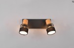 Czarna lampa sufitowa Nandini z dwoma reflektorami, każdy z metalową siatką i drewnianym uchwytem. Ujęcie frontalne, produkt zamontowany na ścianie, emituje ciepłe światło. Idealna do nowoczesnych wnętrz.