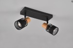Lampa sufitowa Nandini z dwoma reflektorami E14, w kolorze czarnym z drewnianymi akcentami. Ujęcie z dołu, ukazujące metalowy panel montażowy oraz siatkowe klosze z drewna. Reflektory są obrotowe, co umożliwia kierowanie światła.
