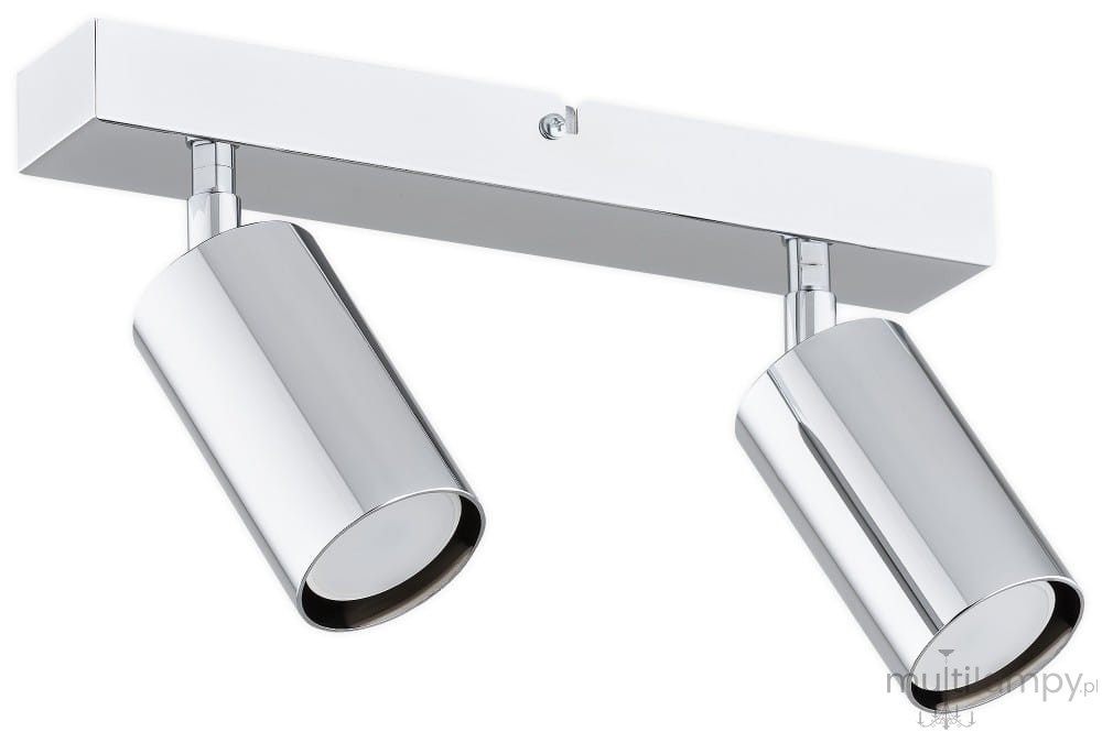 Lampa sufitowa Idun z dwoma reflektorami GU10 w wykończeniu chromowanym. Ujęcie frontalne, mocowana do sufitu. Reflektory cylindryczne, mogące być regulowane w kierunku światła. Prosta, nowoczesna forma na białym tle.
