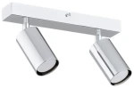 Lampa sufitowa Idun z dwoma reflektorami GU10 w wykończeniu chromowanym. Ujęcie frontalne, mocowana do sufitu. Reflektory cylindryczne, mogące być regulowane w kierunku światła. Prosta, nowoczesna forma na białym tle.