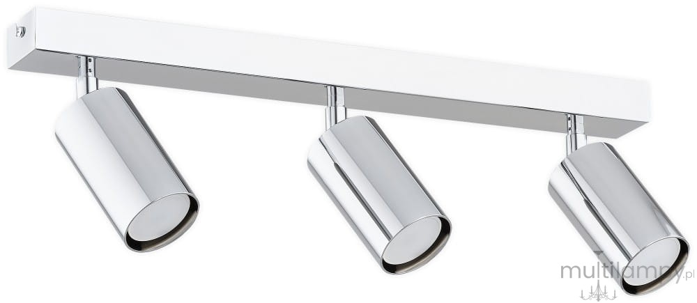 Lampa sufitowa Idun z trzema reflektorami GU10 w chromowanym wykończeniu. Ułożona poziomo na białej podstawie, z cylindrycznymi kloszami skierowanymi w różnych kierunkach. Prosty, nowoczesny design idealny do oświetlenia wnętrz.