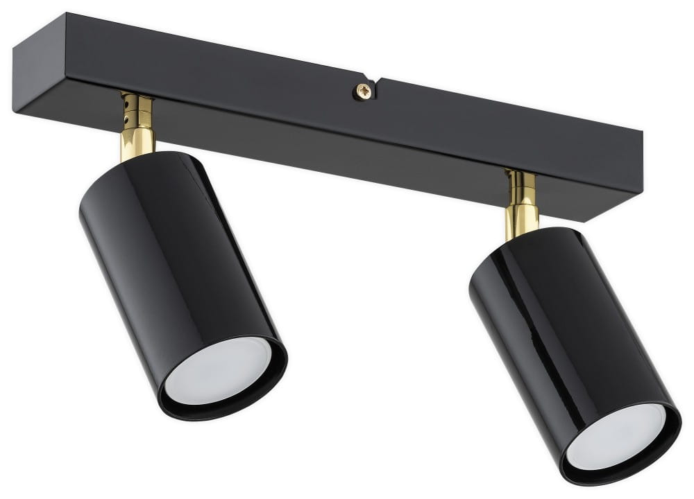 Lampa sufitowa Idun z dwoma reflektorami, o czarnej obudowie i złotych detalach, zamontowana na prostokątnej podstawie. Reflektory mają cylindryczny kształt i są skierowane w dół, co umożliwia regulację kierunku światła.