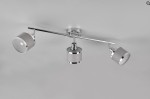 Arosa lampa sufitowa (spot) 3xE14 w kolorze chromu. Trzy ruchome reflektory z szarymi abażurami, zamontowane na prostokątnej podstawie. Kąt ujęcia z boku, ukazujący detale konstrukcji. Proste tło.