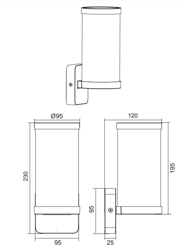 Kinkiet zewnętrzny Bonito w rdzawym kolorze, z cylindryczną oprawą o średnicy 95 mm i wysokości 230 mm, montowany na ścianie. Wymiary podstawy: 120 mm x 25 mm. Przeznaczony na żarówkę E27.