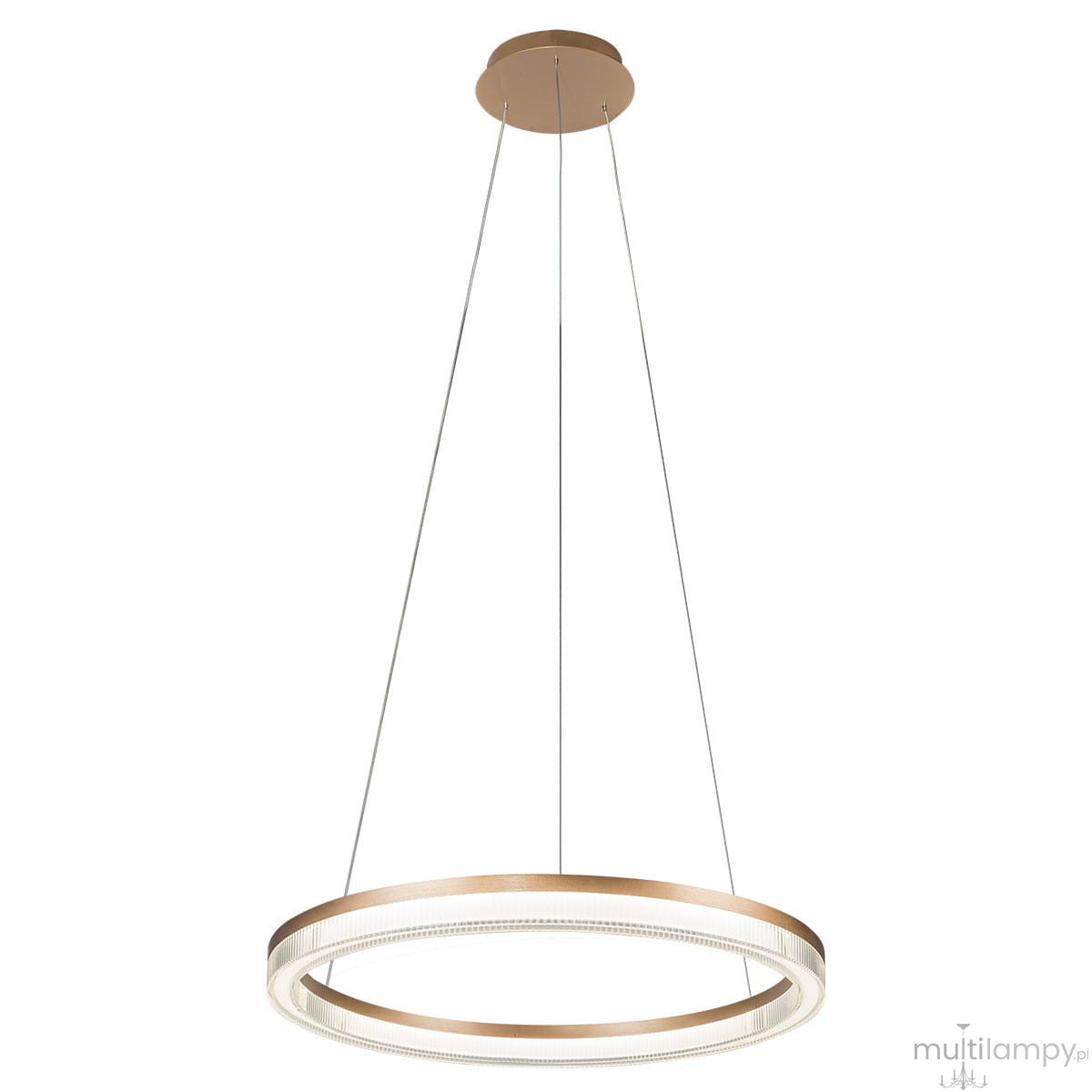 Lampa wisząca Midway Crystal D60 w kolorze złotym, z jedną diodą LED o mocy 40W. Okrągły kształt z przezroczystym, teksturowanym obrzeżem. Zawieszona na cienkich linkach, z widocznym stelażem sufitowym. Idealna do nowoczesnych wnętrz.