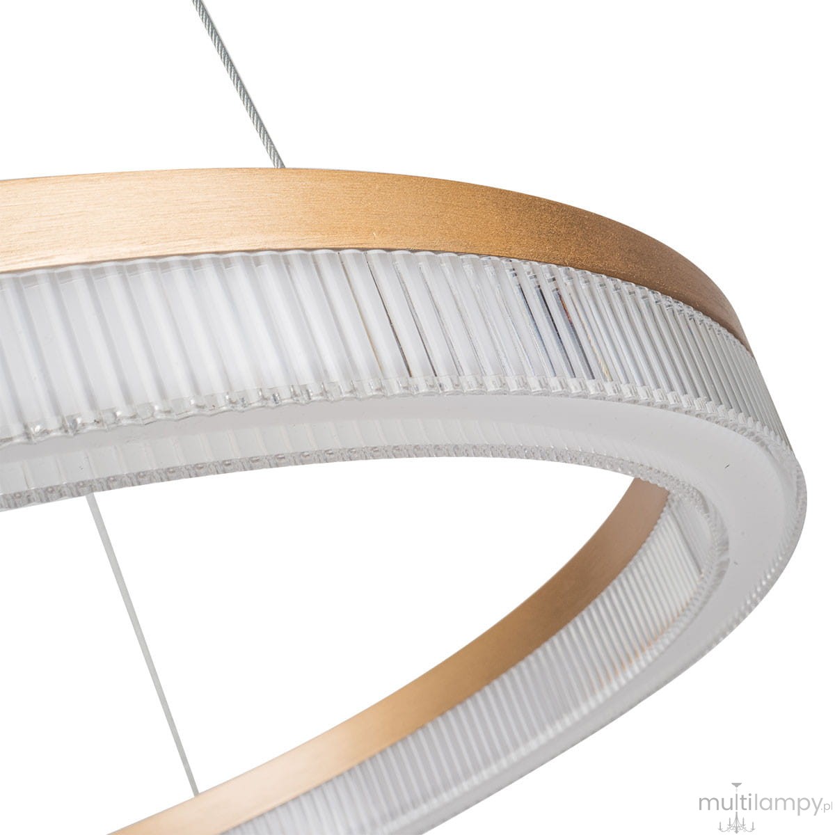 Lampa wisząca Midway Crystal D60 z złotym metalowym pierścieniem i przezroczystym kloszem z teksturowanego szkła. Ujęcie z góry, ukazujące szczegóły wykończenia i faktury. Jedno źródło LED o mocy 40W.