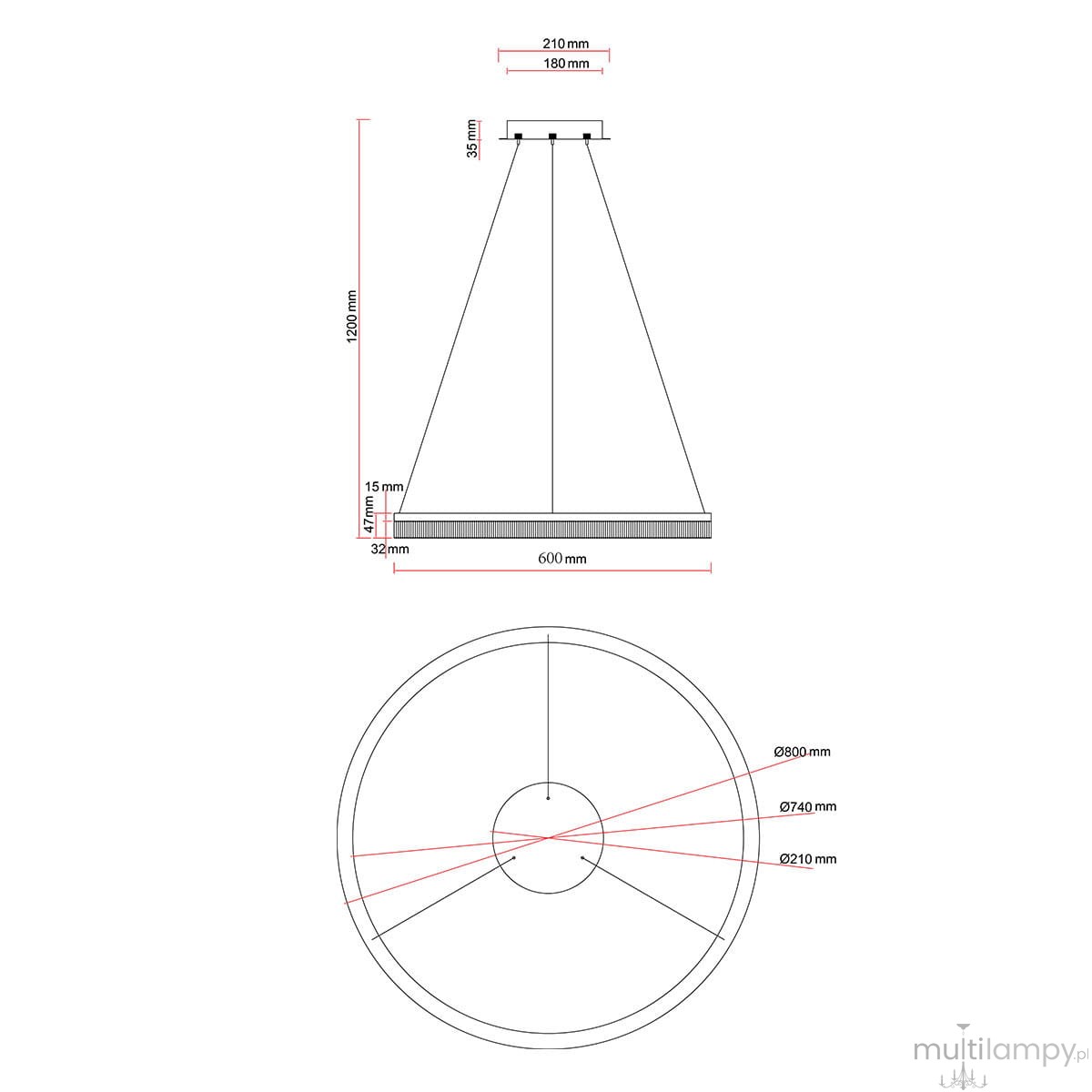 Lampa wisząca Midway Crystal D60 w złotym kolorze, z kloszem o kształcie stożka. Wymiary: średnica 600 mm, wysokość 1200 mm. Zainstalowane źródło LED o mocy 40W, montaż sufitowy, minimalistyczny design.