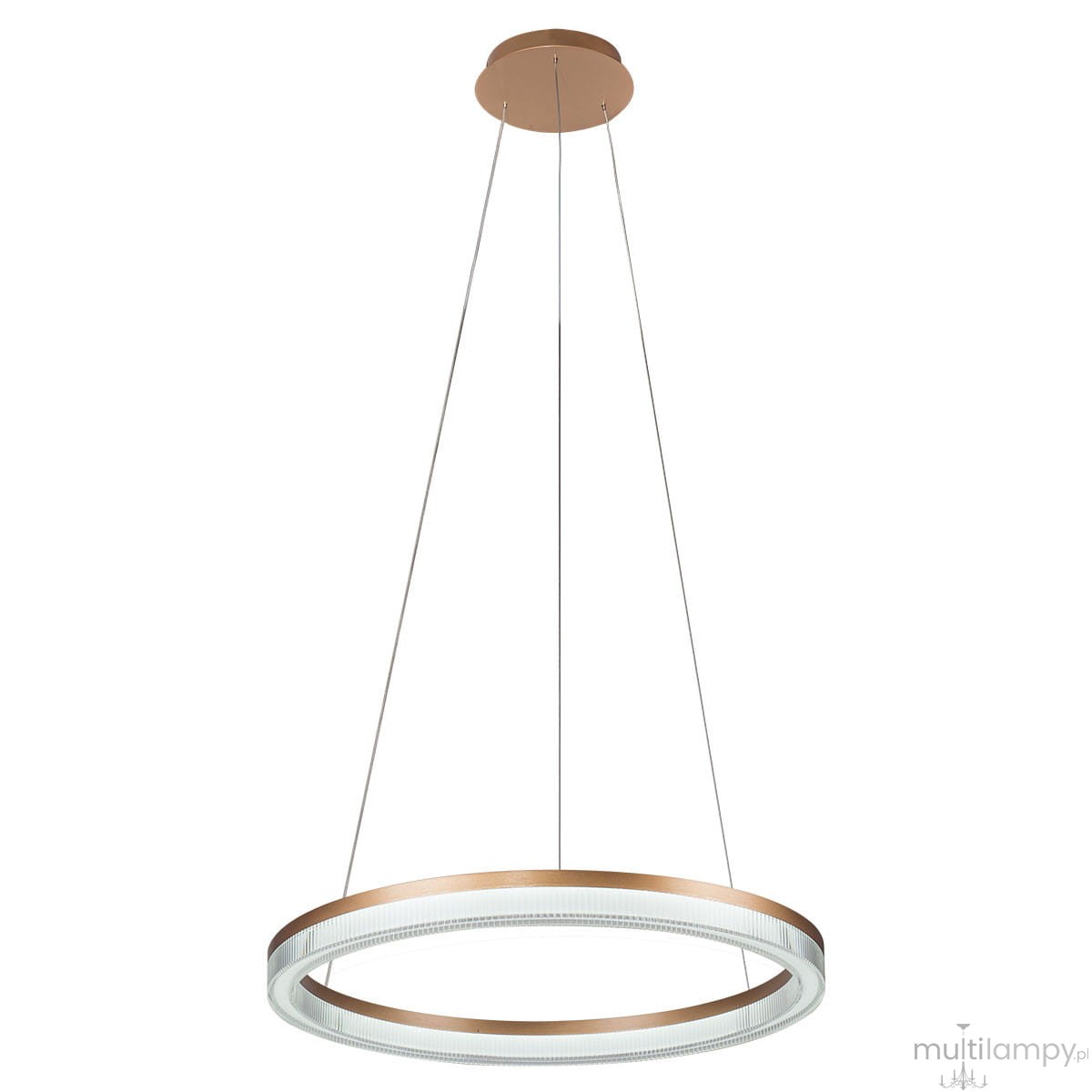 Lampa wisząca Midway Crystal D60 w kolorze złotym z okrągłym kloszem LED o średnicy 60 cm. Klosz z przezroczystego materiału z dekoracyjnym wykończeniem. Zawieszona na cienkich, regulowanych linkach, montowana do sufitu.