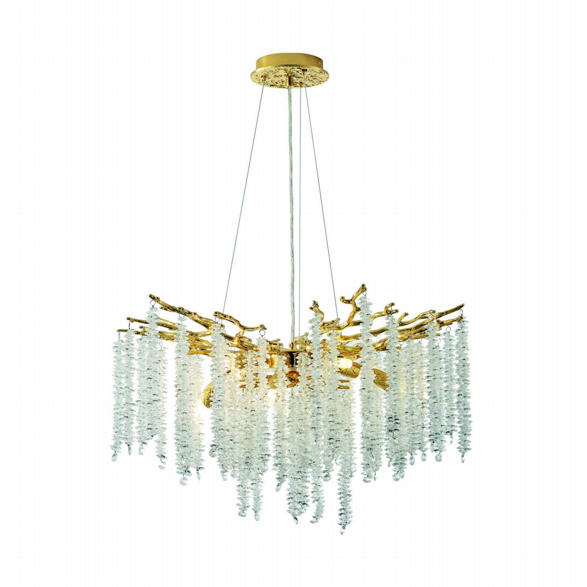 Lampa wisząca Dijon 10xG9 w kolorze złotym z dekoracyjnymi, przezroczystymi kryształkami zwisającymi w formie kaskady. Ujęcie z góry, zawieszona na cienkich linkach, z okrągłym stropem. Elegancki design, idealna do nowoczesnych wnętrz.