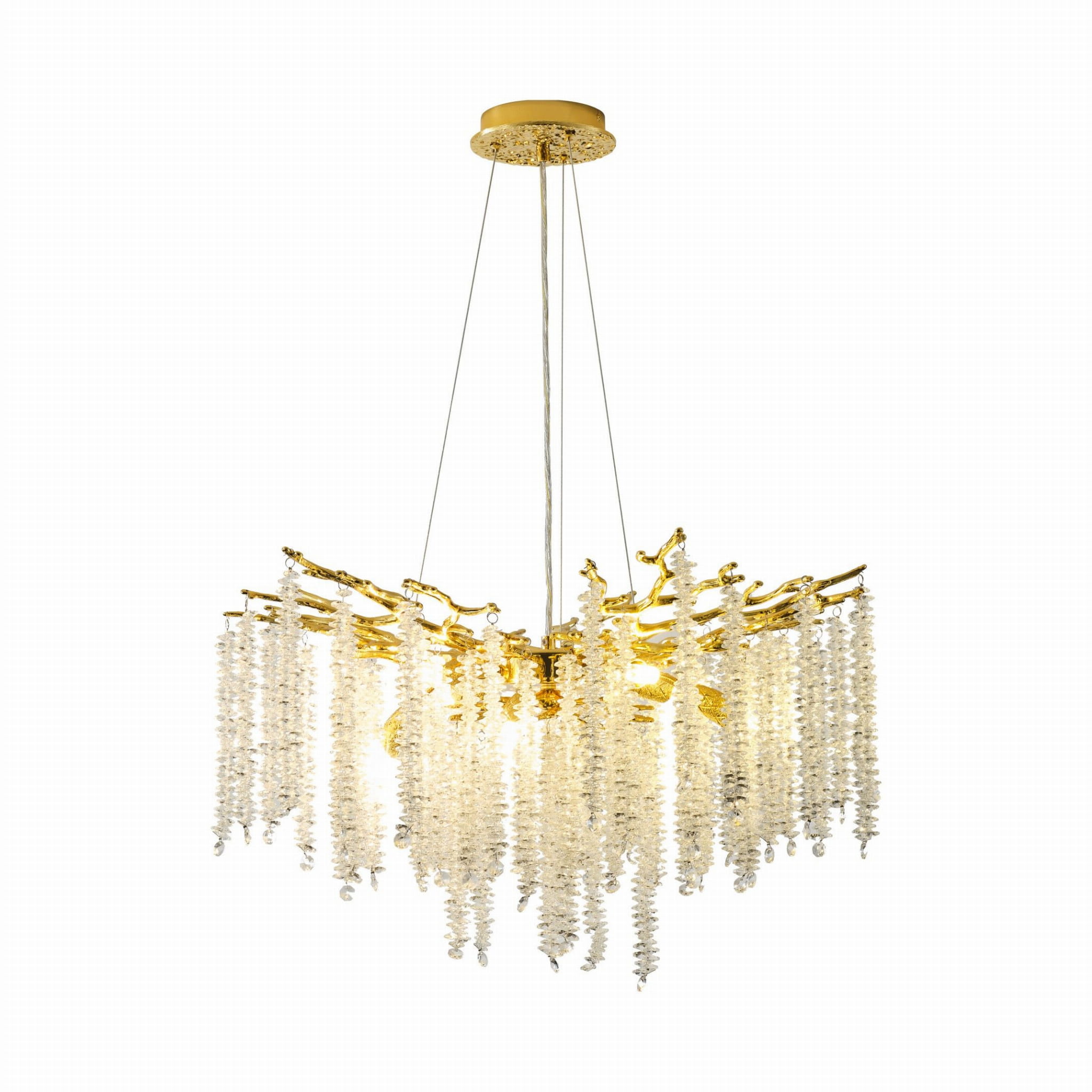 Lampa wisząca Dijon 10xG9 w kolorze złotym z dekoracyjnymi szklanymi elementami w kształcie długich, zwisających kryształków. Produkt zawieszony na cienkich linkach, z okrągłym, złotym mocowaniem sufitowym, o nowoczesnym, eleganckim designie.