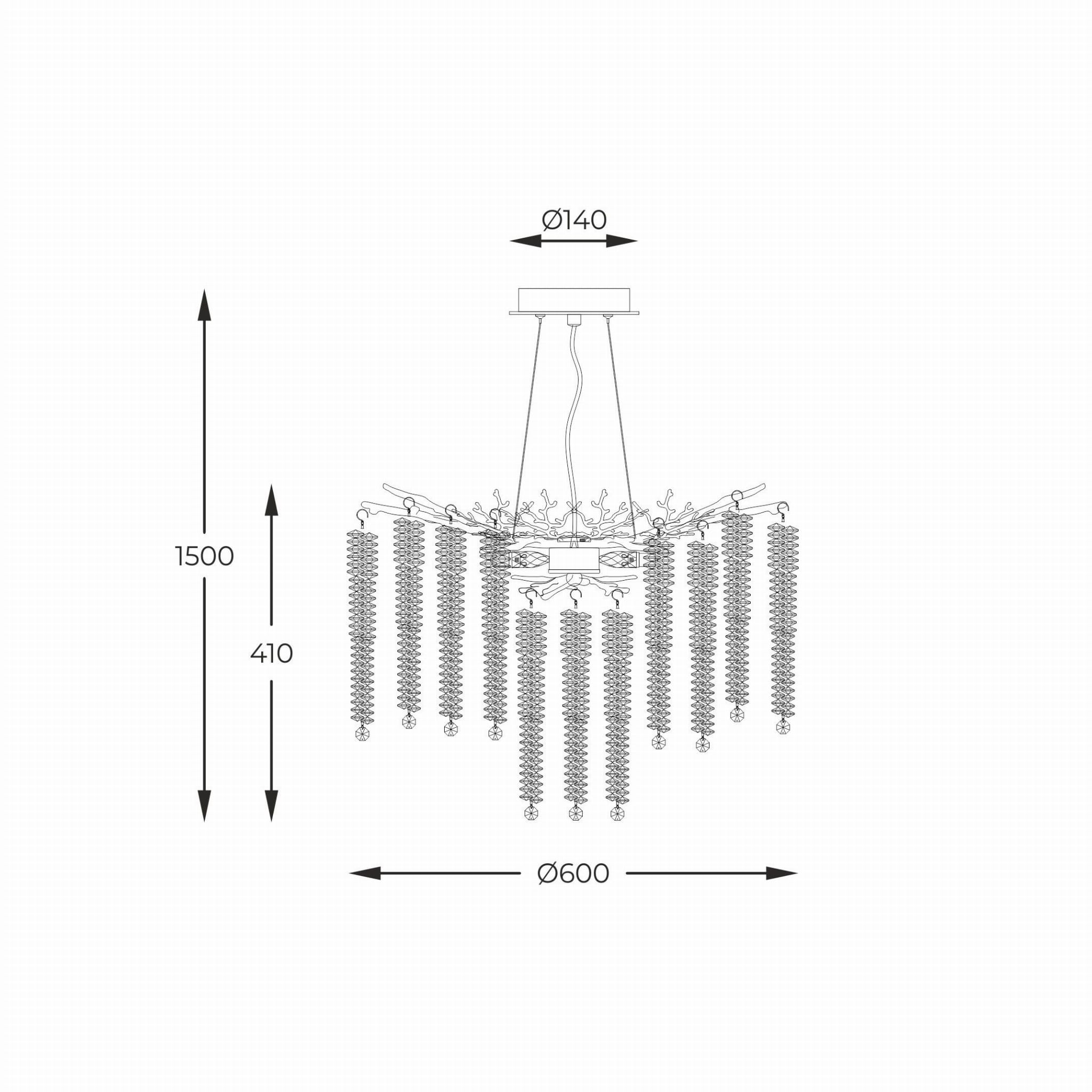 Lampa wisząca Dijon 10xG9 w kolorze złotym. Okrągła podstawa z dekoracyjnymi elementami, zawieszona na linkach. Wymiary: średnica 600 mm, wysokość 1500 mm. Widoczne szczegóły konstrukcyjne i długość elementów dekoracyjnych.