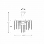 Lampa wisząca Dijon 10xG9 w kolorze złotym. Okrągła podstawa z dekoracyjnymi elementami, zawieszona na linkach. Wymiary: średnica 600 mm, wysokość 1500 mm. Widoczne szczegóły konstrukcyjne i długość elementów dekoracyjnych.