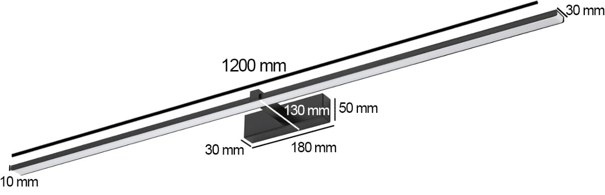 Kinkiet łazienkowy Venus LED IP44 w kolorze czarnym, o długości 1200 mm i mocy 24W. Prostokątny kształt z płaską, matową powierzchnią. Montaż na ścianie, z widocznymi wymiarami podstawy 180x130 mm oraz grubością 10 mm. Idealny do oświetlenia obrazów.