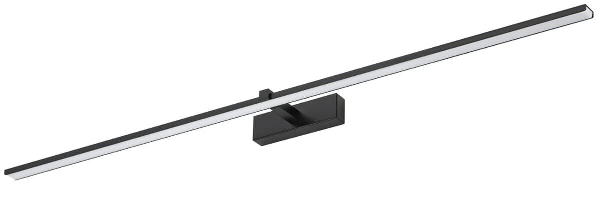 Kinkiet łazienkowy Venus LED IP44 w kolorze czarnym o długości 120 cm i mocy 24W. Posiada prostokątną bazę montażową i smukłą, płaską konstrukcję z białym kloszem, idealny do oświetlenia obrazów lub przestrzeni łazienkowej.