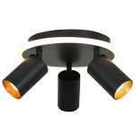 Czarna lampa sufitowa Parma z okrągłą podstawą, wyposażona w trzy reflektory GU10 oraz jeden element LED. Reflektory mają matowe wykończenie, a ich wnętrze jest w kolorze mosiądzu. Lampa ma nowoczesny design, idealna do różnych wnętrz.