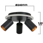 Czarna lampa sufitowa Parma z trzema oprawami na żarówki GU10 i jedną diodową LED. Okrągła podstawa o średnicy 240 mm, wysokość 140 mm. Metalowa konstrukcja z matowym wykończeniem i miedzianymi wnętrzami opraw.