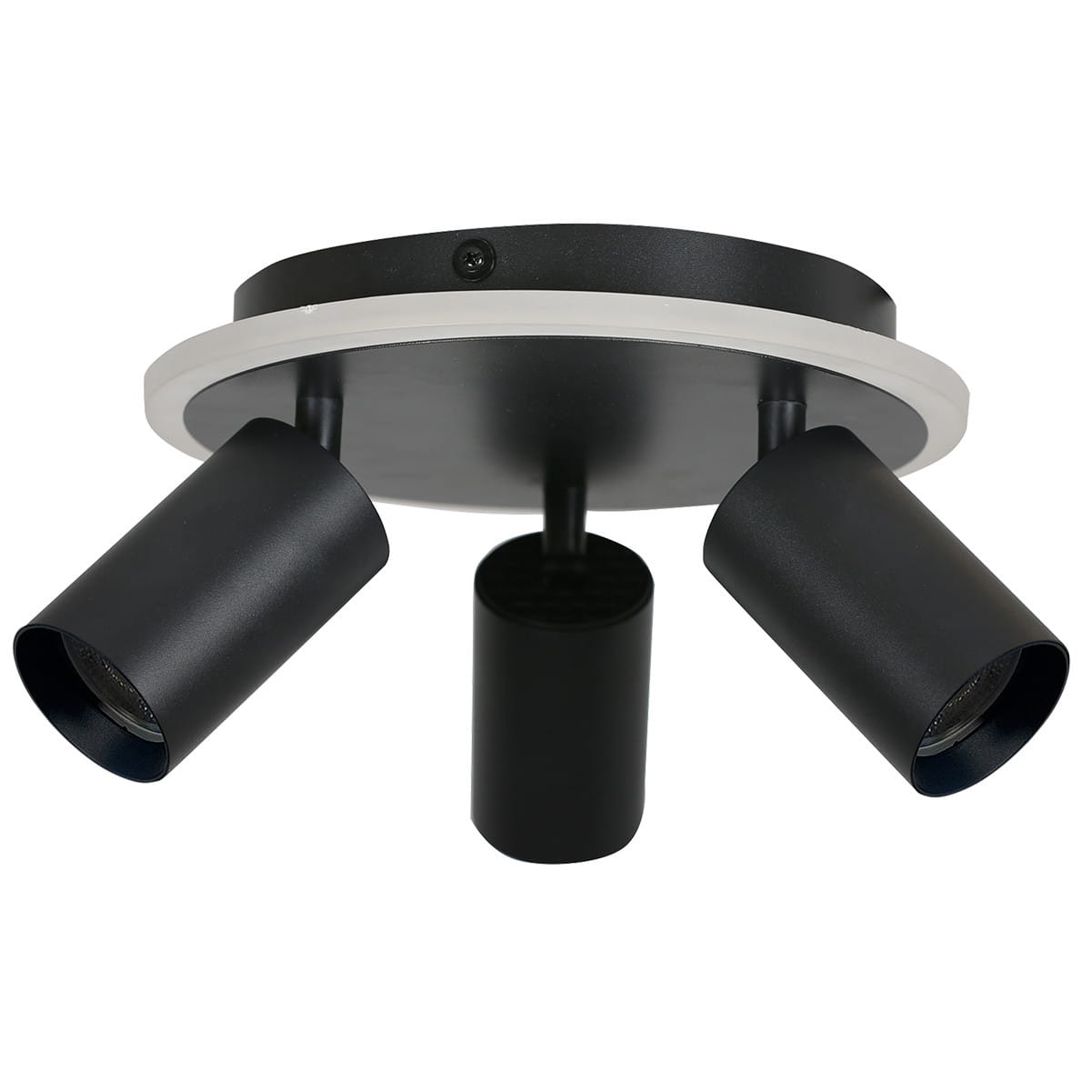 Lampa sufitowa Parma z trzema reflektorami GU10 i jednym LED, w kolorze czarnym. Okrągła podstawa z białym akcentem, reflektory ustawione pod kątem, montowana na suficie. Wymiary i detale mocowania niewidoczne.