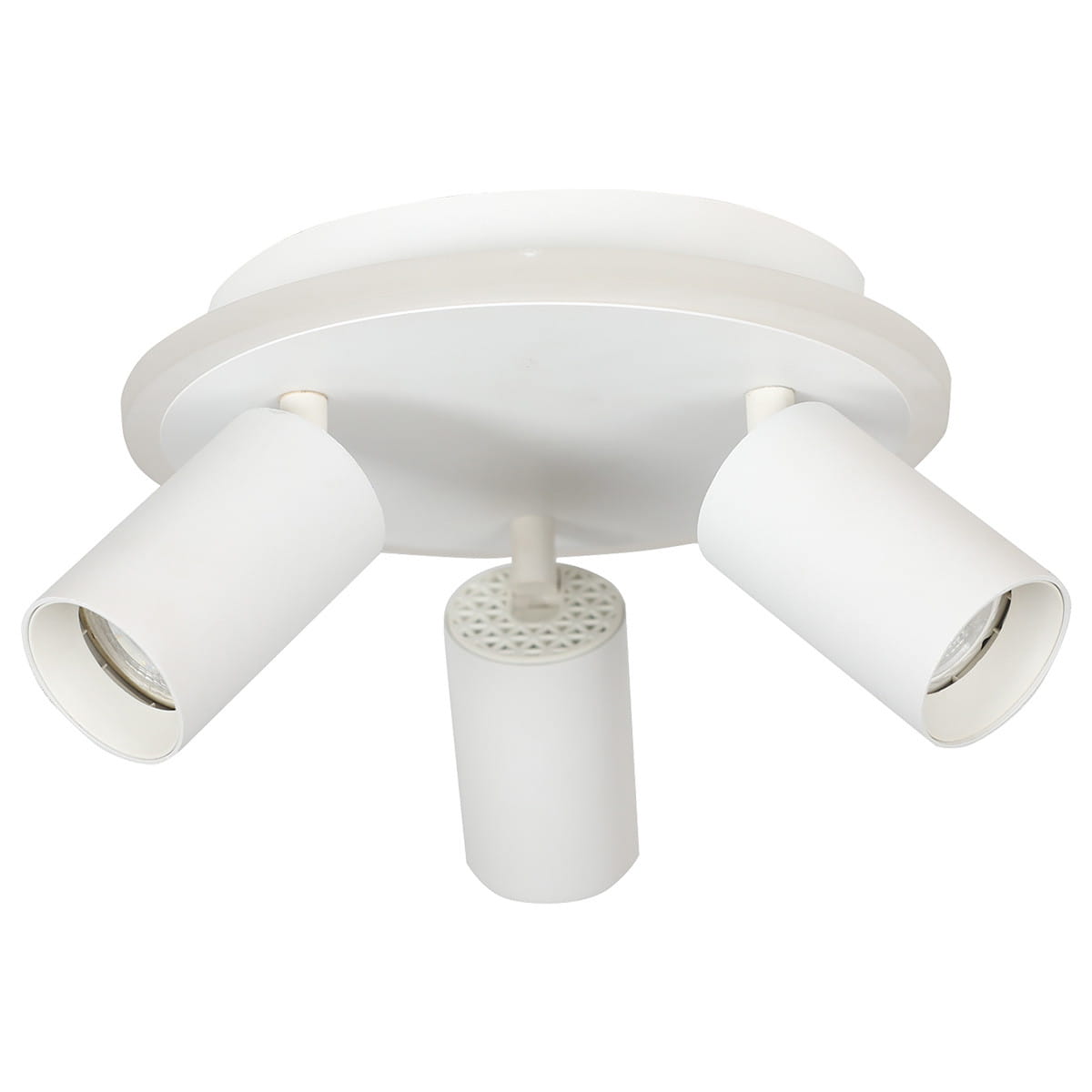 Lampa sufitowa Parma w kolorze białym z trzema punktami świetlnymi GU10 oraz jednym źródłem LED. Okrągła podsufitka z gładkiej białej powierzchni, z lampami skierowanymi w różnych kierunkach, montowana na suficie.