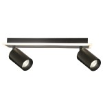 Lampa sufitowa Parma z dwoma reflektorami GU10 i jednym źródłem LED w kolorze czarnym. Ułożona poziomo, z cylindrycznymi kloszami, na prostokątnej podstawie, z subtelnym akcentem białego światła. Idealna do nowoczesnych wnętrz.