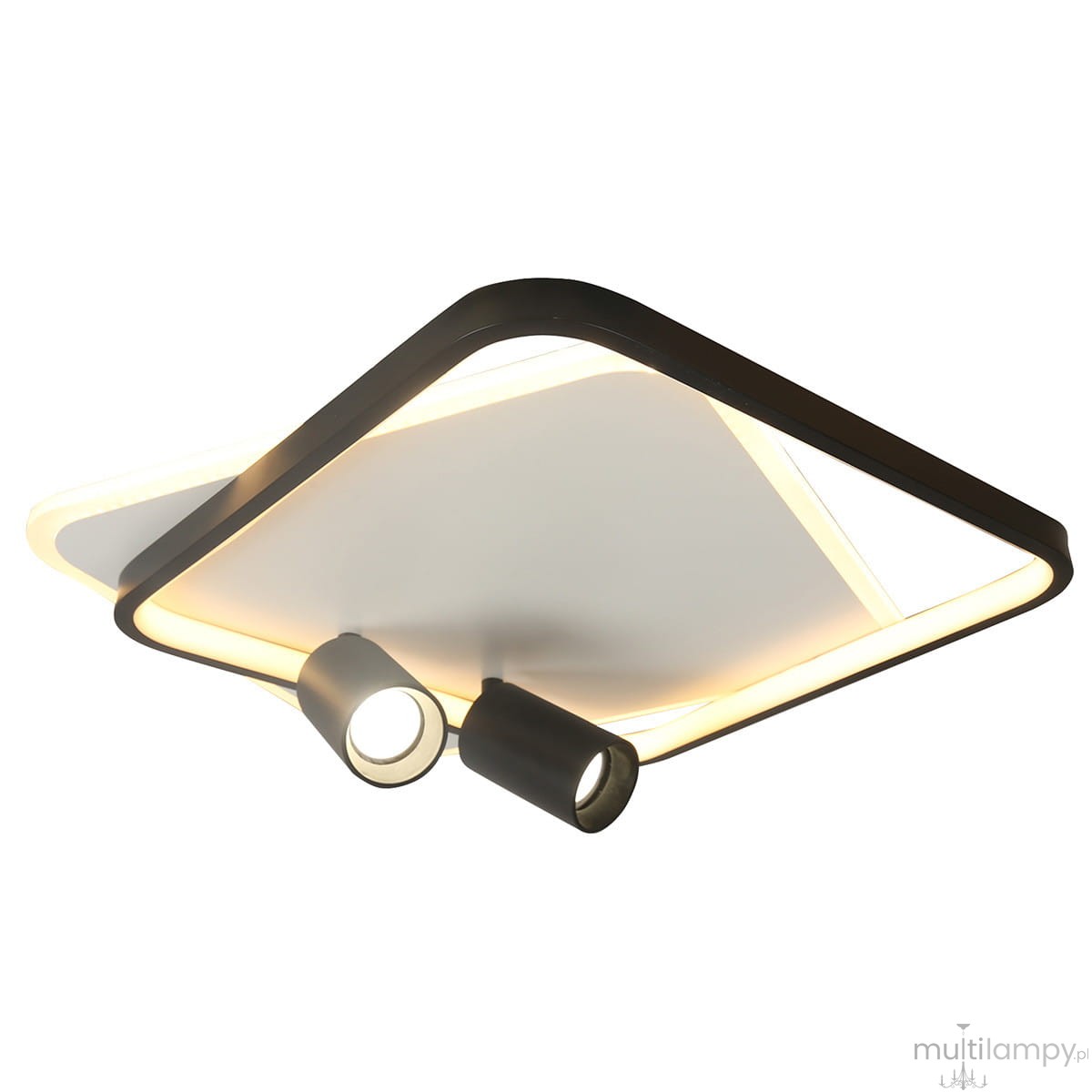 Lampa sufitowa Parma 2xGU10 w kolorze czarnym, z kwadratowym, matowym kloszem i dwoma ruchomymi reflektorami. Ujęcie z dołu, ukazujące krawędź z podświetleniem LED. Produkt montowany na suficie, idealny do nowoczesnych wnętrz.