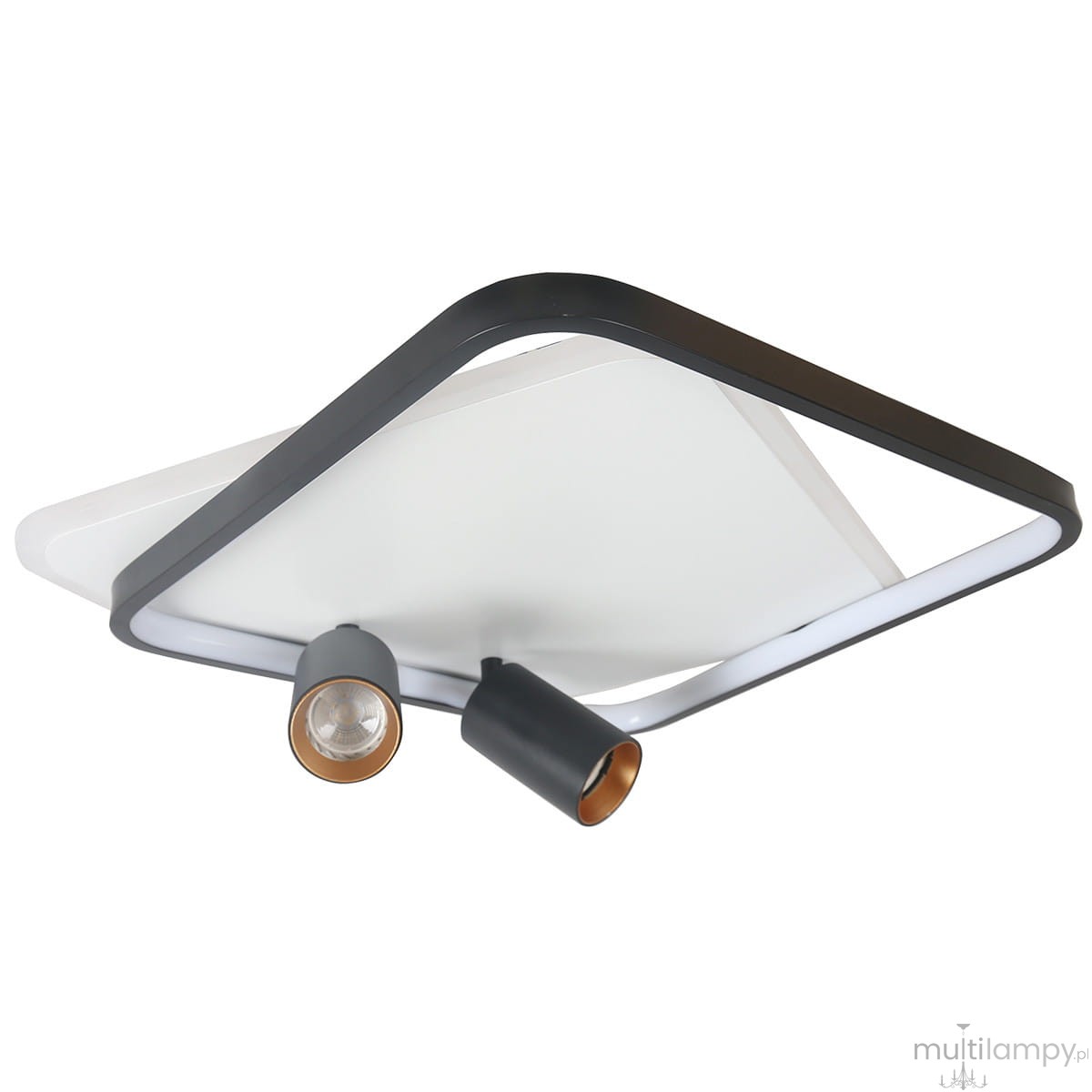 Lampa sufitowa Parma w kolorze czarnym z prostokątnym, matowym kloszem. Wyposażona w dwa ruchome reflektory GU10 z mosiężnymi akcentami. Kąt ujęcia z góry, ukazujący elegancki design i nowoczesny styl. Idealna do oświetlenia wnętrz.