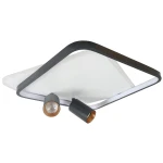 Lampa sufitowa Parma w kolorze czarnym z prostokątnym, matowym kloszem. Wyposażona w dwa ruchome reflektory GU10 z mosiężnymi akcentami. Kąt ujęcia z góry, ukazujący elegancki design i nowoczesny styl. Idealna do oświetlenia wnętrz.