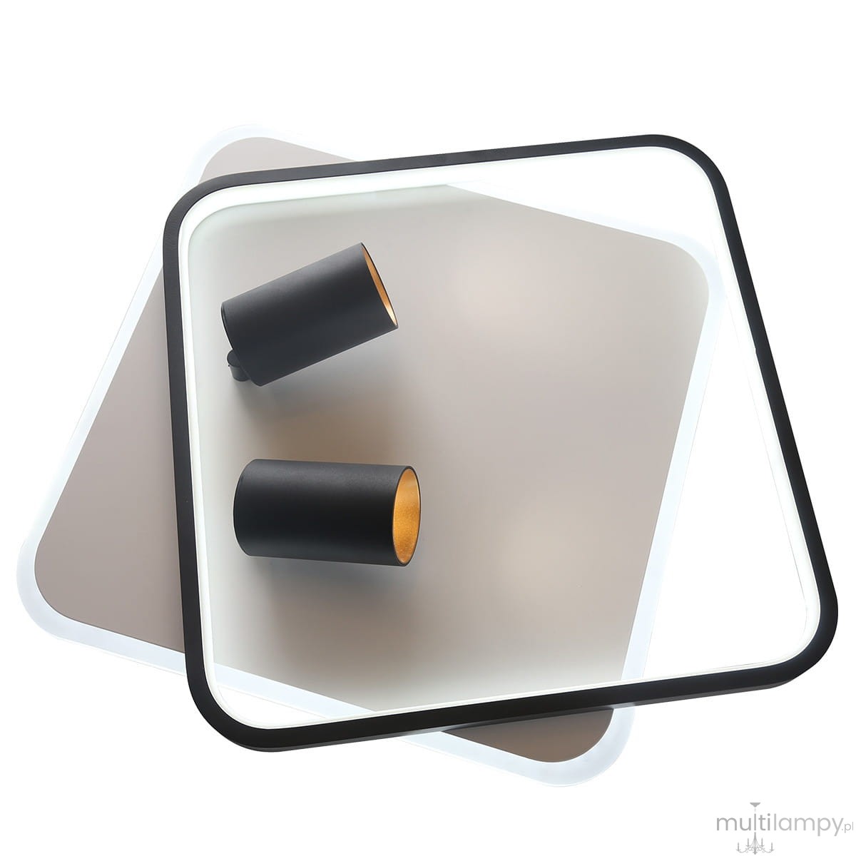 Lampa sufitowa Parma 2xGU10 w kolorze czarnym z dwiema cylindrycznymi oprawami LED. Produkt ma kwadratowy kształt z białą ramką i lekko szarym tłem. Ujęcie z góry, pokazujące detale mocowania oraz wykończenie w środku opraw.