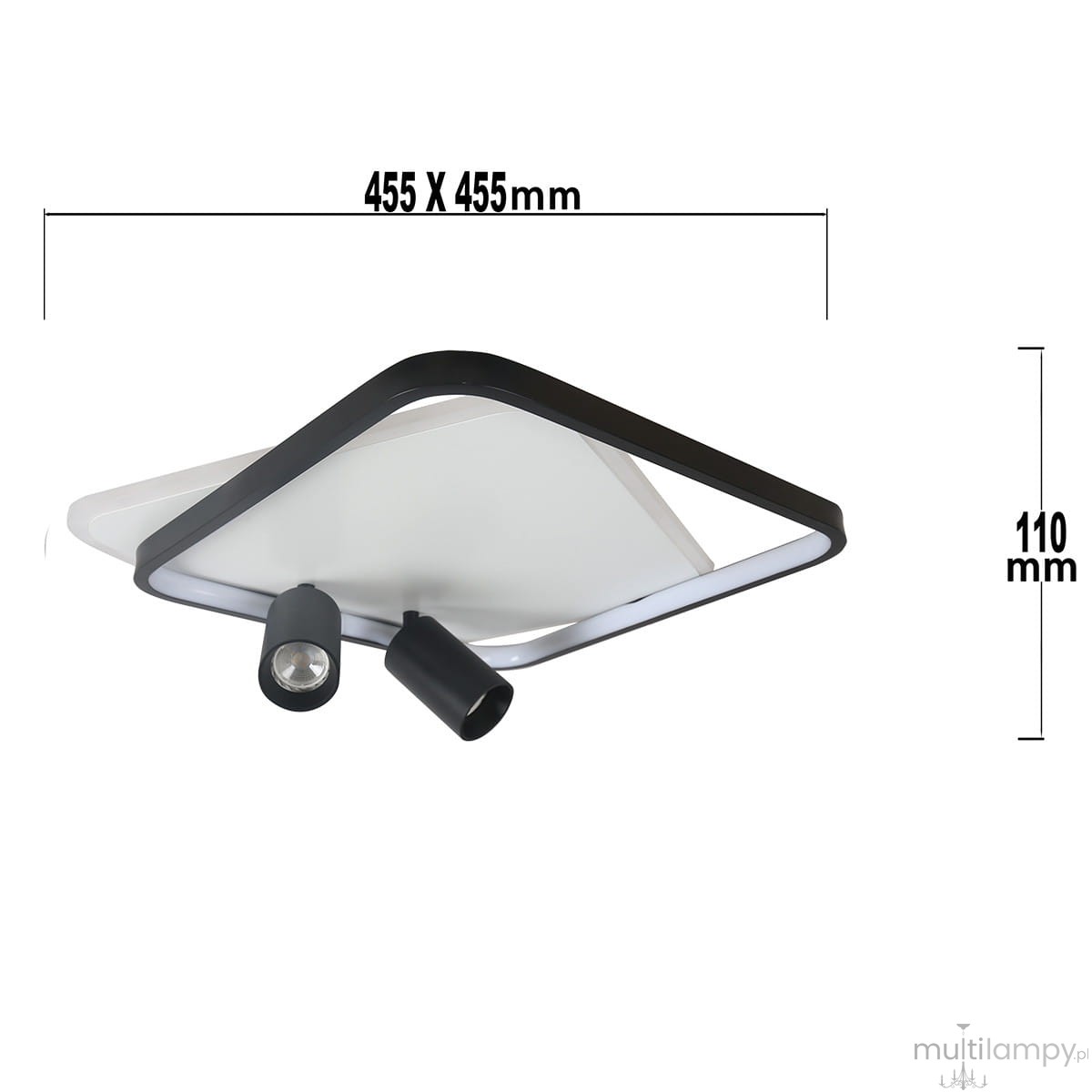 Lampa sufitowa Parma w kształcie kwadratu z czarnym ramieniem, wyposażona w dwa źródła światła GU10. Wymiary: 455 x 455 mm, wysokość 110 mm. Część oprawy z mlecznego szkła, z dwoma ruchomymi reflektorami.