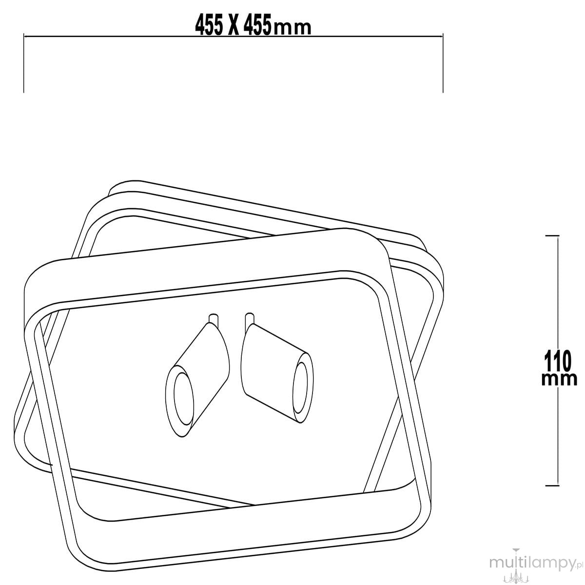 Lampa sufitowa Parma w kolorze czarnym, kwadratowa, o wymiarach 455 x 455 mm i wysokości 110 mm. Posiada dwa źródła światła GU10 oraz dwa LED, umieszczone w eleganckim, prostokątnym korpusie.