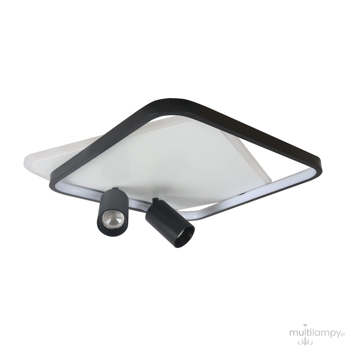 Lampa sufitowa Parma w kolorze czarnym, z kwadratowym kloszem i dwoma ruchomymi oprawami na żarówki GU10. Posiada matowe wykończenie oraz nowoczesny design, idealna do oświetlenia wnętrz. Ujęcie z boku, pokazujące szczegóły konstrukcji.