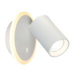 Kinkiet Parma 1xGU10 + 1xLED w kolorze białym, z okrągłą podstawą i cylindrycznym kloszem. Ujęcie z boku, klosz skierowany w dół, podświetlane tło wokół podstawy. Idealny do nowoczesnych wnętrz.