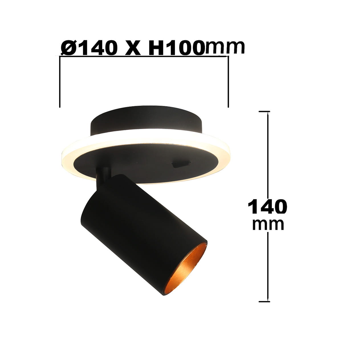 Kinkiet Parma w kolorze czarnym z jedną oprawą GU10 i wbudowanym LED-em. Cylindryczny kształt z mosiężnym wnętrzem. Wymiary: średnica 140 mm, wysokość 100 mm. Montaż sufitowy, z oświetleniem skierowanym w dół.