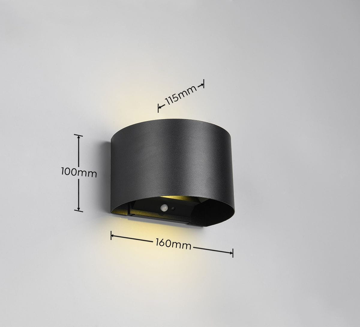 Kinkiet zewnętrzny Talent w kolorze czarnym, z czujnikiem ruchu i zmierzchu. Owalna obudowa o wymiarach 160mm x 115mm x 100mm, montowana na ścianie, z dwoma diodami LED 1W, emitującymi ciepłe światło.