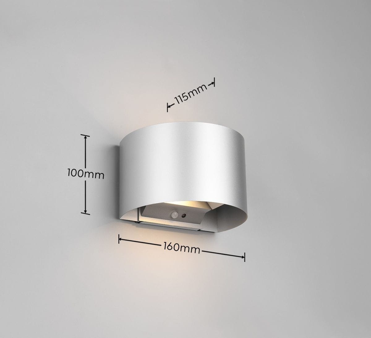 Kinkiet zewnętrzny Talent w kolorze tytanowym, z czujnikiem ruchu i zmierzchu. Oświetlenie LED 2x1W, okrągły kształt. Wymiary: 160mm szerokości, 115mm wysokości, 100mm głębokości. Montowany na ścianie.