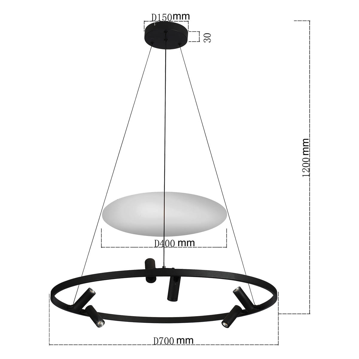 Lampa wisząca Almeria, czarna, z sześcioma diodami LED (18W). Okrągła podstawa o średnicy 700 mm, dolna część w kształcie elipsy o średnicy 400 mm, zawieszona na cienkich linkach. Wysokość 1200 mm, minimalistyczny design.